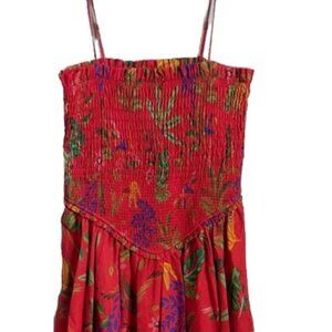 Chelsea & Violet Red Orange Tropical Floral Smocked Bodice Ruffle Hem NWT L